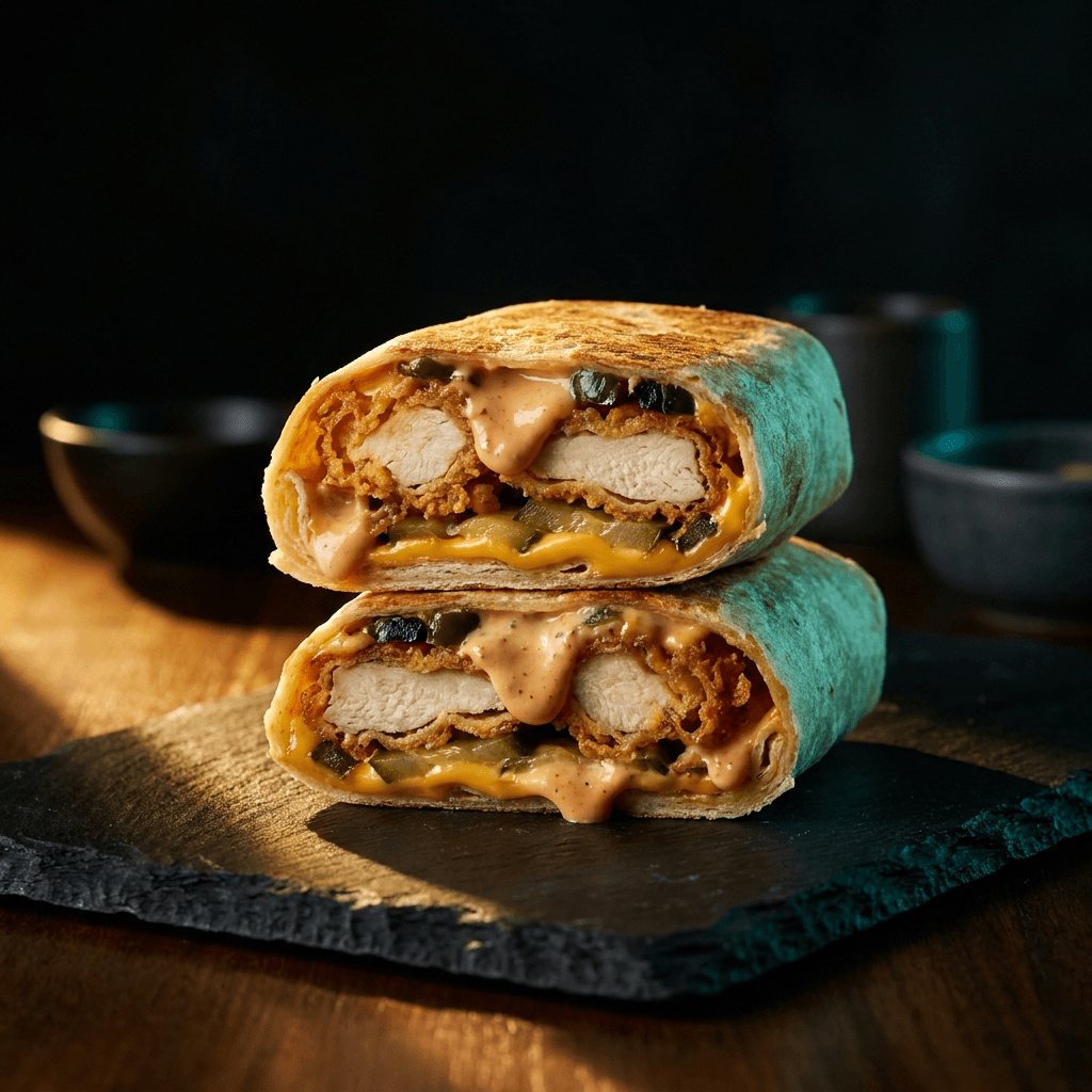 Crispy chicken wrap sliced in half showing melted cheese and layered fillings