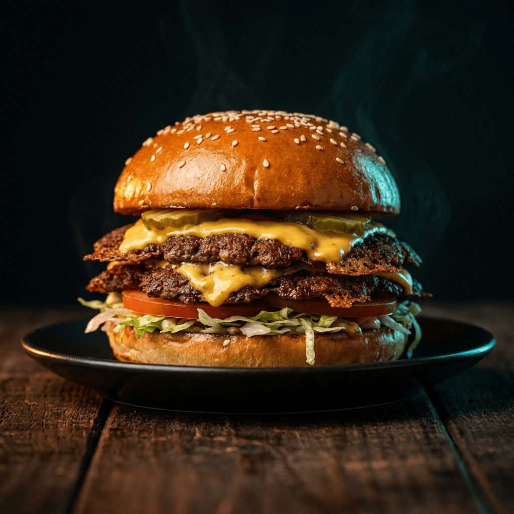 Double smashburger with crispy lacy beef edges and melted cheese on a sesame bun