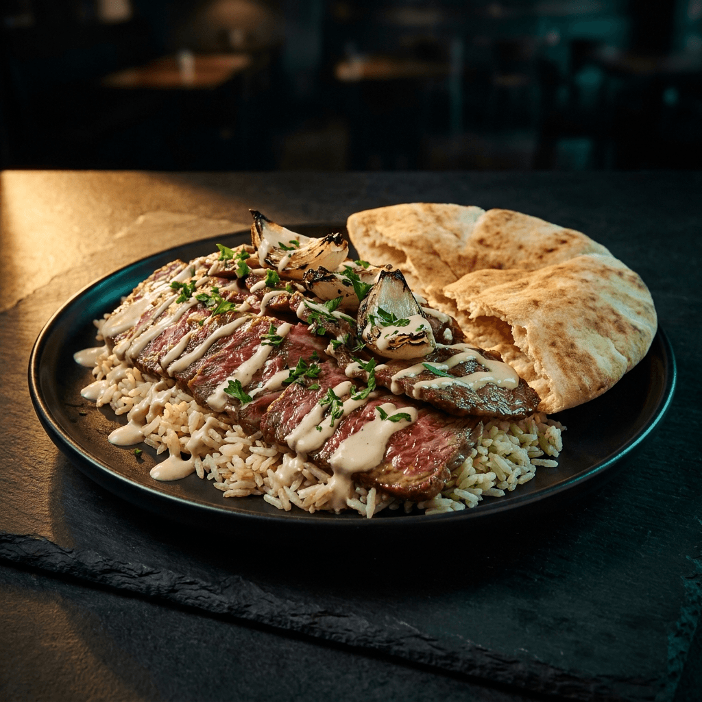 Sliced marbled Wagyu beef over seasoned rice with grilled mushroom, herbs and warm pita